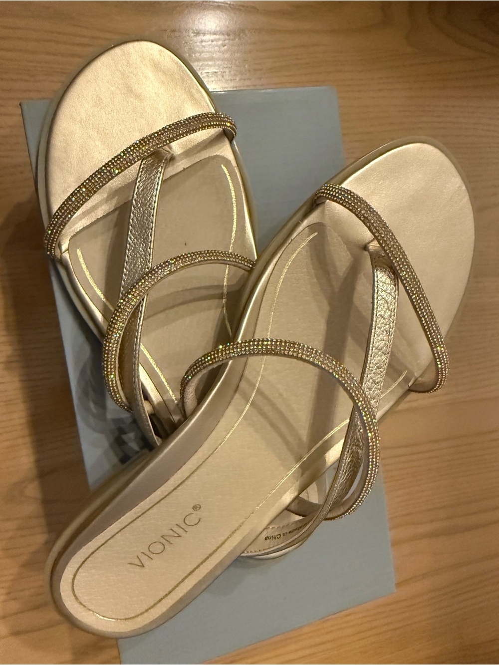 Vionic Gold Strappy Slide Sandals with Rhinestone Accents - Picture 4 of 6